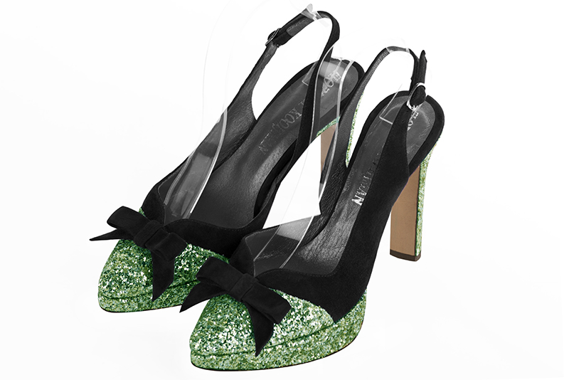 Mint green and matt black women's elegant sneakers. Tapered toe. Very high slim heel with a platform at the front. Front view - Florence KOOIJMAN